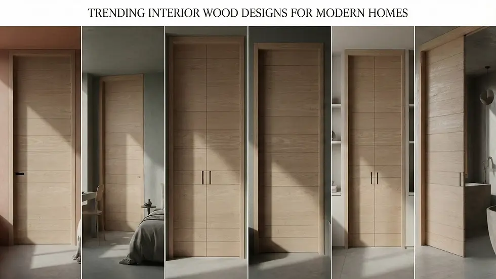 Modern wooden interior doors are showcased in a minimalist setting. Neutral tones, natural light, and shadows create a contemporary feel.