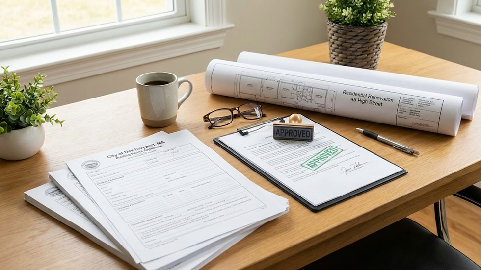 Plans and permits on a desk, stamped "Approved." Includes blueprints, glasses, a pen, plant, and coffee cup, near a window.