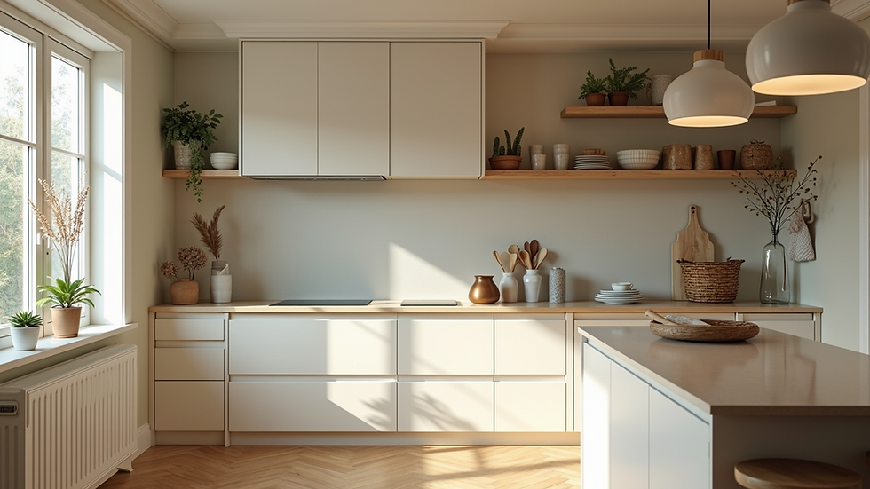 Wide angle view of a beautifully decorated kitchen