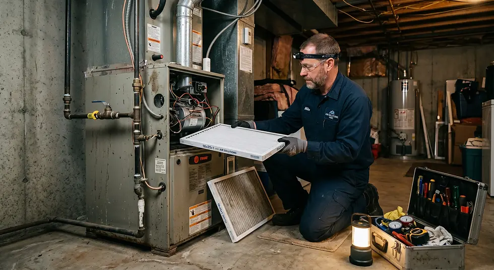 Technician in blue uniform changes furnace filter in dim basement. Tool case and lamp nearby. Focused expression, industrial setting.