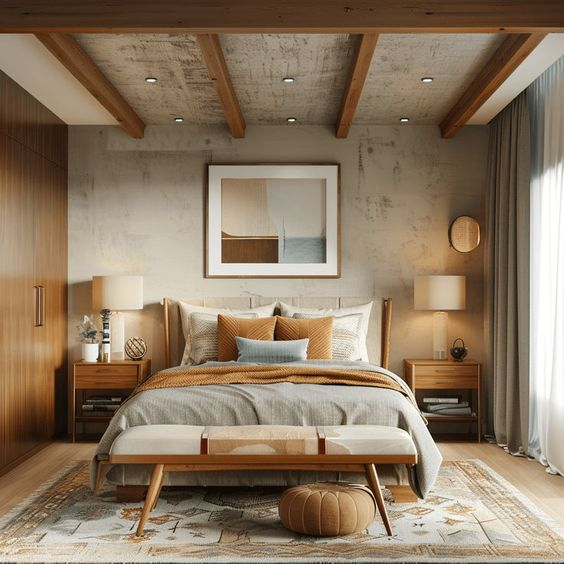 A cozy midcentury modern bedroom with a large bed, a sunburst mirror, and autumnal decor.