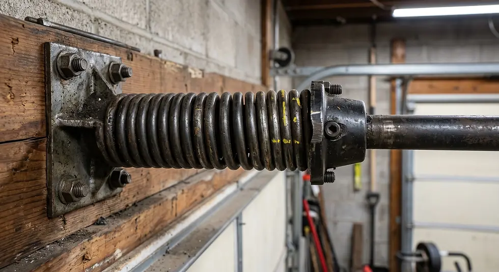 Close-up of a metal torsion spring fixed to a wooden beam. The industrial setting contains concrete walls and various garage tools.