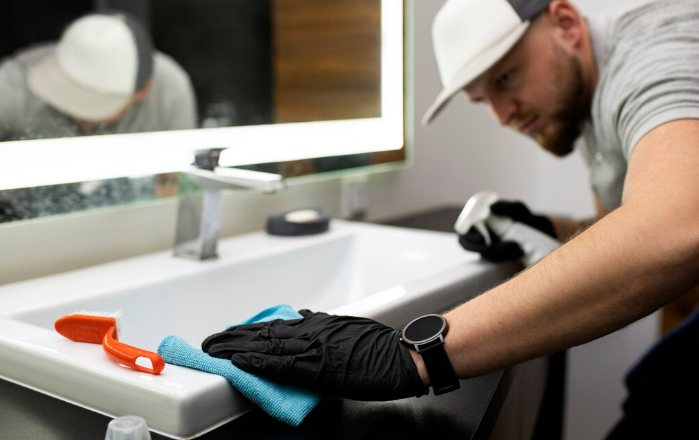 Man in a cap and black gloves cleans a bathroom sink with a blue cloth. Orange brush visible. Modern setting with large mirror.