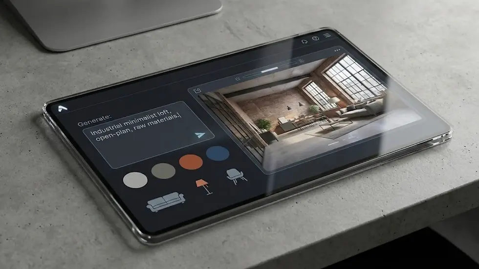 Tablet on concrete desk showing industrial loft design app. Screen displays color options and text: "Industrial minimalist loft, open-plan, raw materials."
