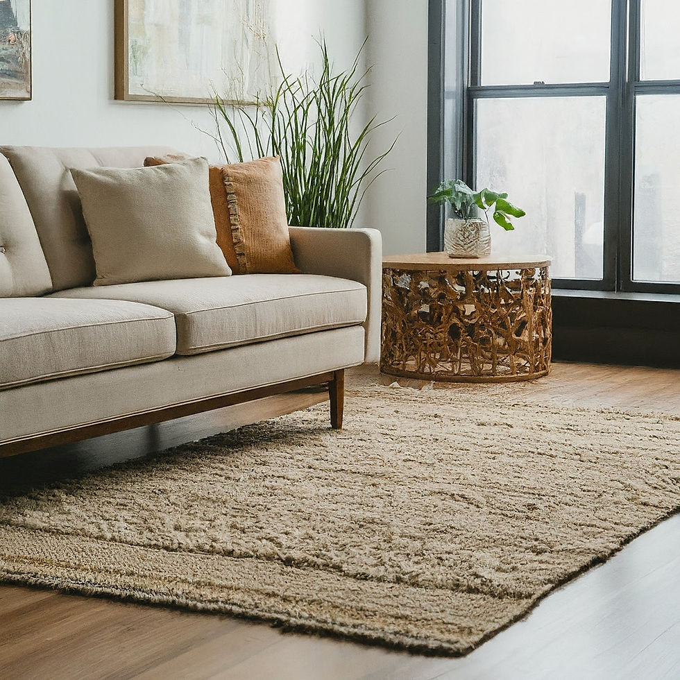 A cozy living room corner featuring a beige sofa with a mix of neutral and earthy-toned cushions. The sofa is placed on a soft, textured area rug that complements the warm wooden floor. Next to the sofa is an intricately carved wooden side table holding a small potted plant. A larger green plant adds a touch of nature to the space, positioned near a large window with black frames, allowing natural light to fill the room. The overall decor is minimalistic and earthy, creating a calm and inviting atmosphere.