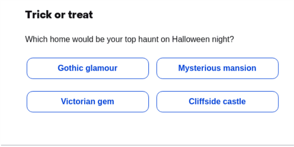 Halloween-themed poll with options: Gothic glamour, Mysterious mansion, Victorian gem, Cliffside castle. Blue buttons on white background.
