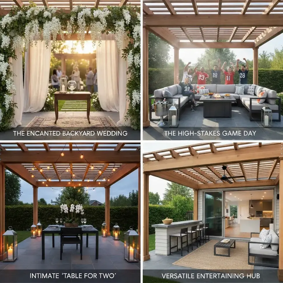 Collage of four backyard settings: wedding, game day celebration, romantic dinner, and entertaining hub. Text captions on each image.