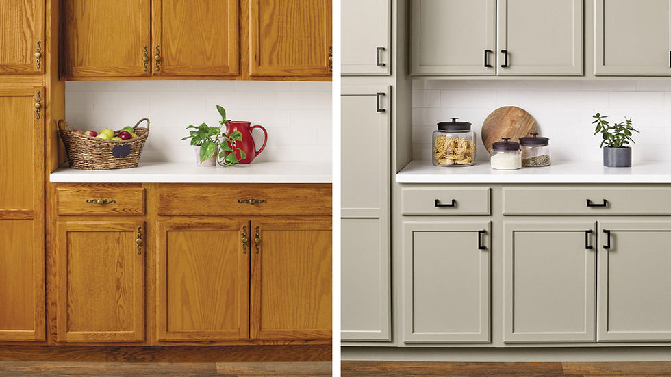 Side-by-side comparison of kitchen cabinets: left features oak wood with a basket of fruits, right shows gray cabinets with jars and plant.