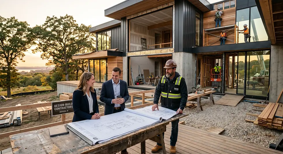 Design-build general contractors discussing modern home construction plans at a luxury residential project in Madison.