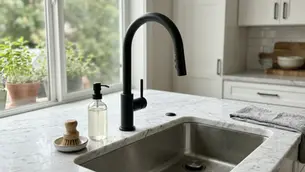 Black faucet and soap dispenser on a white marble kitchen countertop. A window shows green plants outside. Folded gray towel nearby.