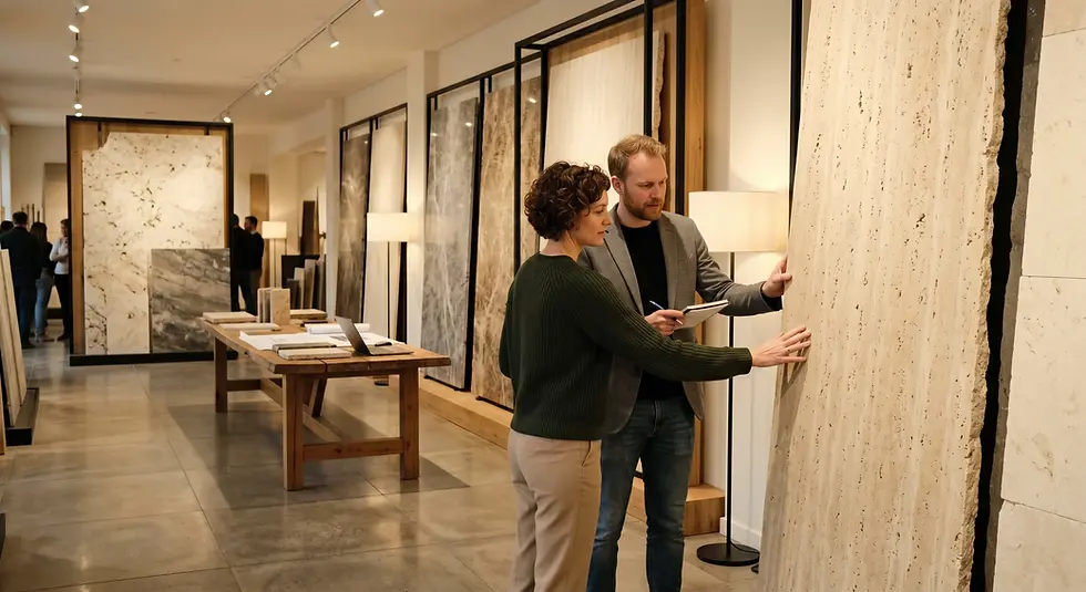 A man and woman examine marble slabs in a well-lit showroom. Tables display sample materials, and large stone panels line the walls.