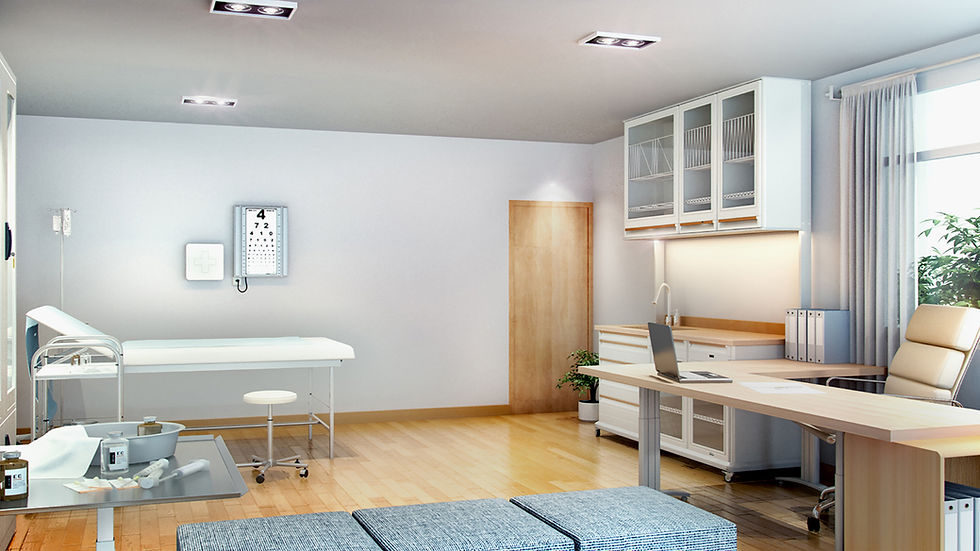 Modern medical office with exam table, eye chart, desk with laptop, and chair. Bright, clean setting with light wood floors and neutral colors.