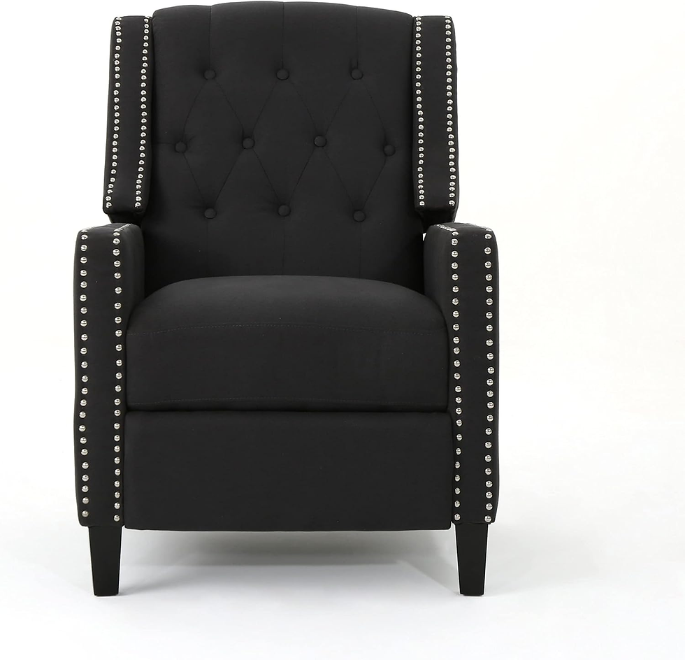 Black armchair with studded trim and tufted backrest against a plain white background. Elegant and minimalist design.