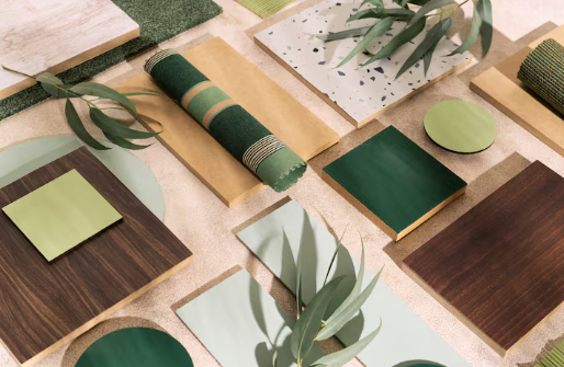 Assorted green and brown materials, swatches, and leaves on a textured surface, showcasing various patterns and textures in a natural theme.