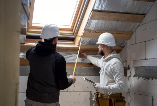 Two construction workers in hard hats measure a skylight in an unfinished attic. One holds a tape measure, the other a tablet.