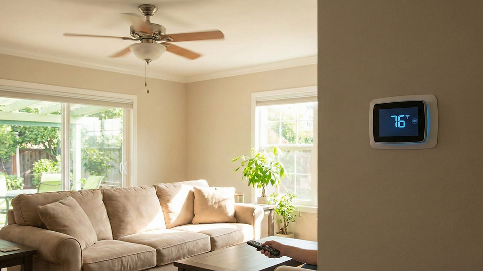 Living room with beige sofa, ceiling fan, and plant by window. Digital thermostat on wall shows 76°F. Remote control in a hand. Cozy atmosphere.