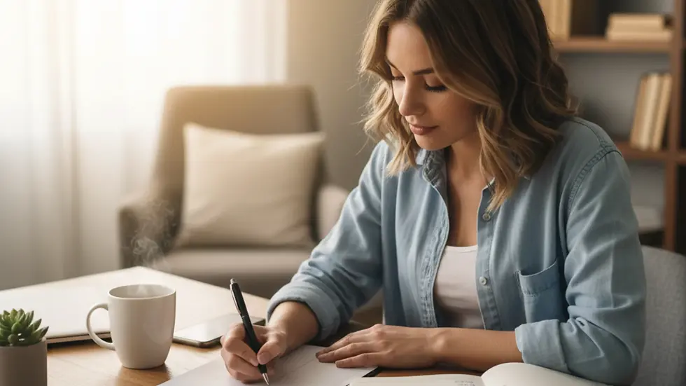 Woman in blue shirt writing at a desk with a notebook. Coffee, plant, and laptop nearby. Sunlit, cozy room with shelves in background.
