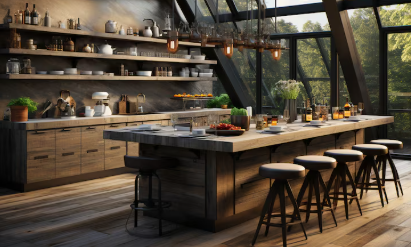 Sunlit modern kitchen with wooden cabinets, island, stools, and hanging lights; large windows reveal lush greenery outside. Cozy and inviting.