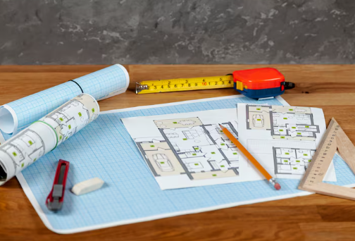 Drafting table with blueprints, a tape measure, pencil, eraser, and ruler on wooden surface. The scene conveys a focus on design.