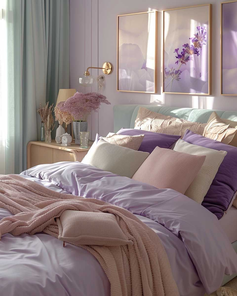 A pastel purple bedroom featuring soft bedding, pink throw blankets, accent pillows, lavender-themed wall art, and delicate decor, creating a serene pastel purple room decor ambiance.