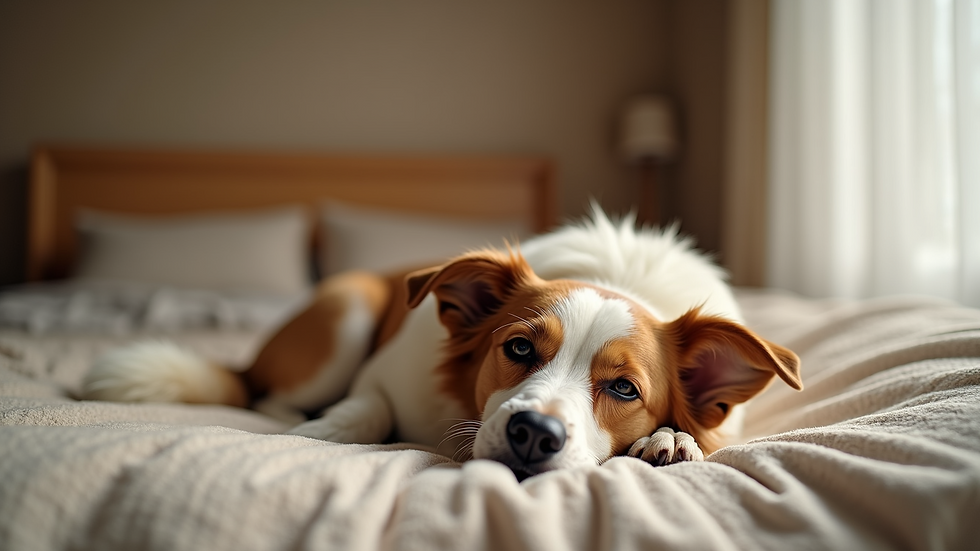 Eye-level view of a dog resting on a comfortable bed