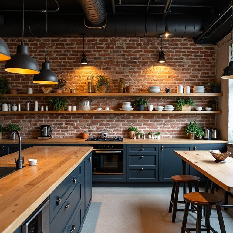 Loft-style kitchen with brick wall, wooden shelves, and dark cabinets. Plants, dishes, and kitchenware are neatly arranged. Warm lighting.