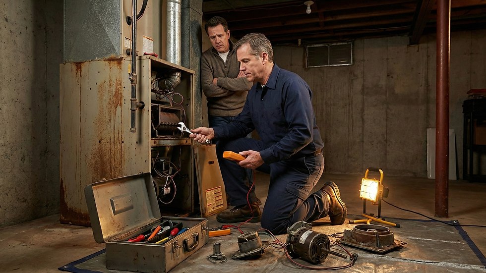 Repairman kneels, fixing rusty furnace with tools, as a man observes. Lit basement setting, toolbox open, electric light glowing.