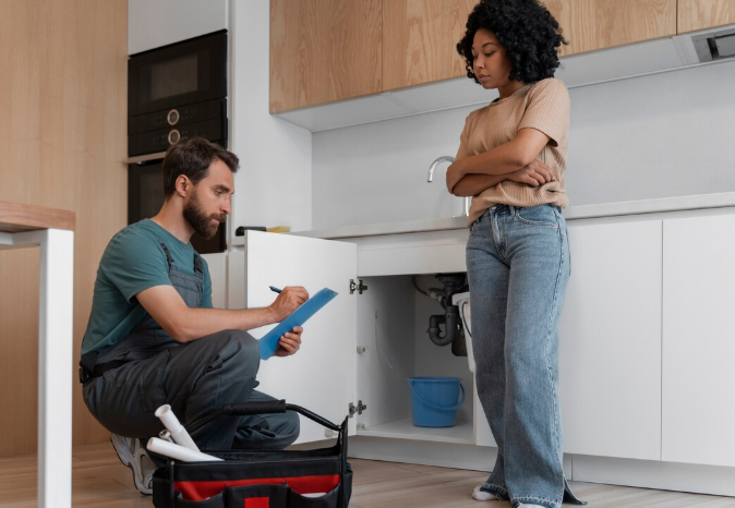 Man in overalls kneels and writes on clipboard, checking under sink. Woman stands with arms crossed. Kitchen setting, neutral tones.