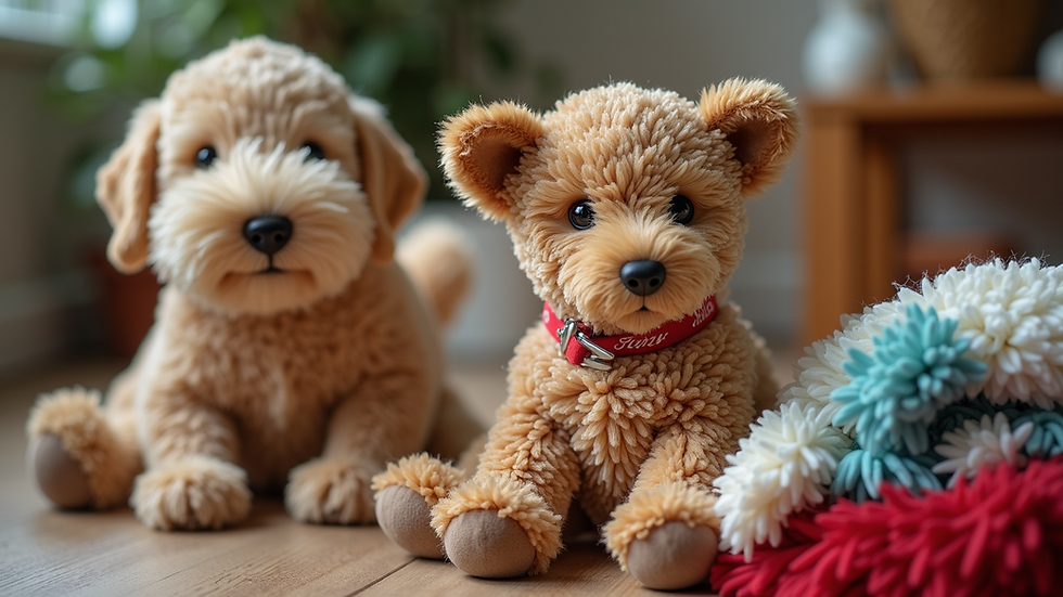 Close-up view of dog toys and blankets ready for donation