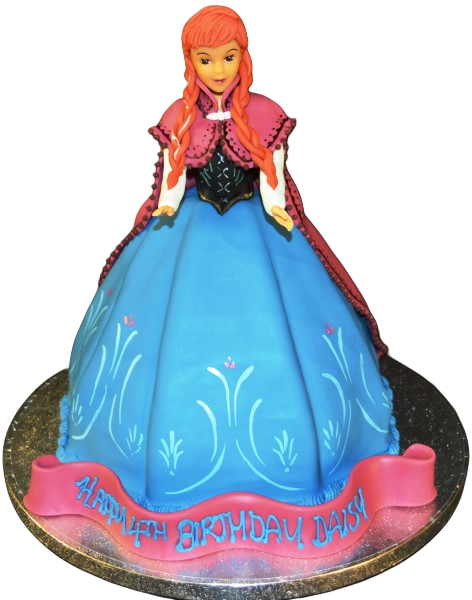 Bespoke Frozen-themed cake featuring Anna figurine and icy blue decorations, crafted in Solihull, West Midlands.