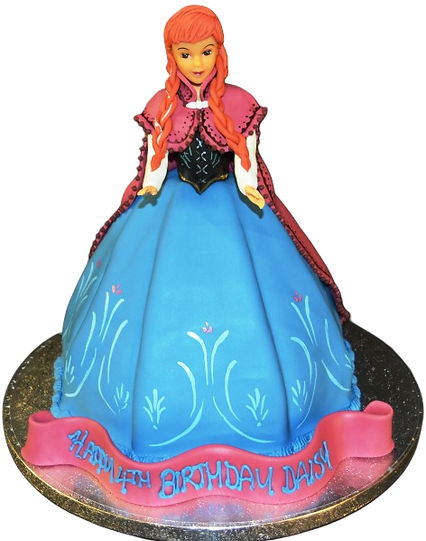 Bespoke Anna from Frozen cake with detailed fondant figure and snowflake decorations in Solihull, West Midlands.