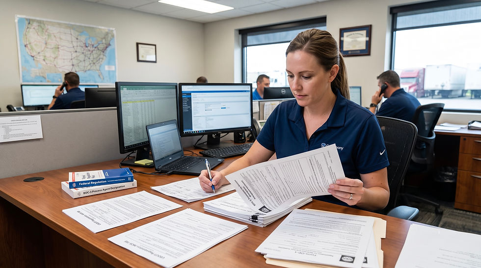 Trucking compliance specialist reviewing how to get trucking authority documents including MC filing, BOC-3 process agent form, and USDOT registration paperwork at a commercial carrier office