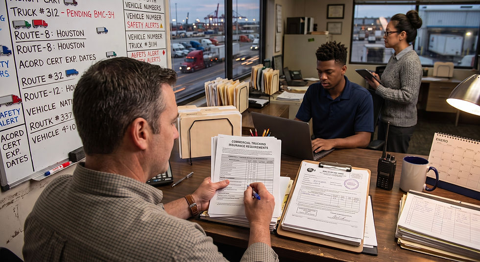 Trucking compliance specialist reviewing commercial trucking insurance requirements and BMC-91 filing documents at a motor carrier operations office