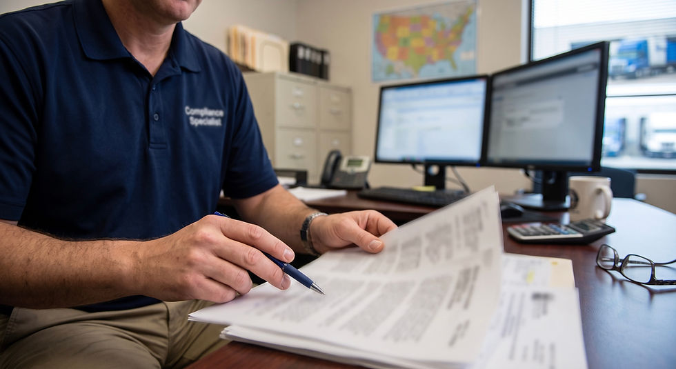 Trucking compliance officer reviewing UCR registration requirements and annual fee schedule documents at a commercial carrier operations desk