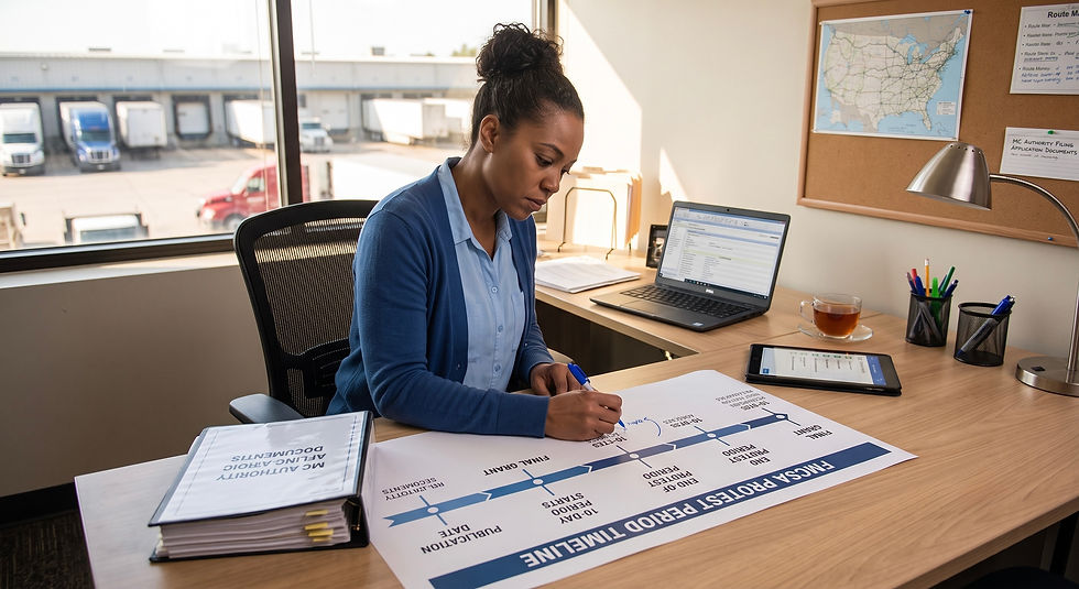 Trucking compliance specialist reviewing FMCSA protest period timeline and MC authority filing documents at a commercial carrier office desk