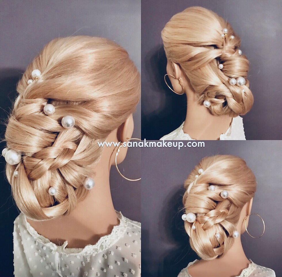 long hair twisted updo with pearls