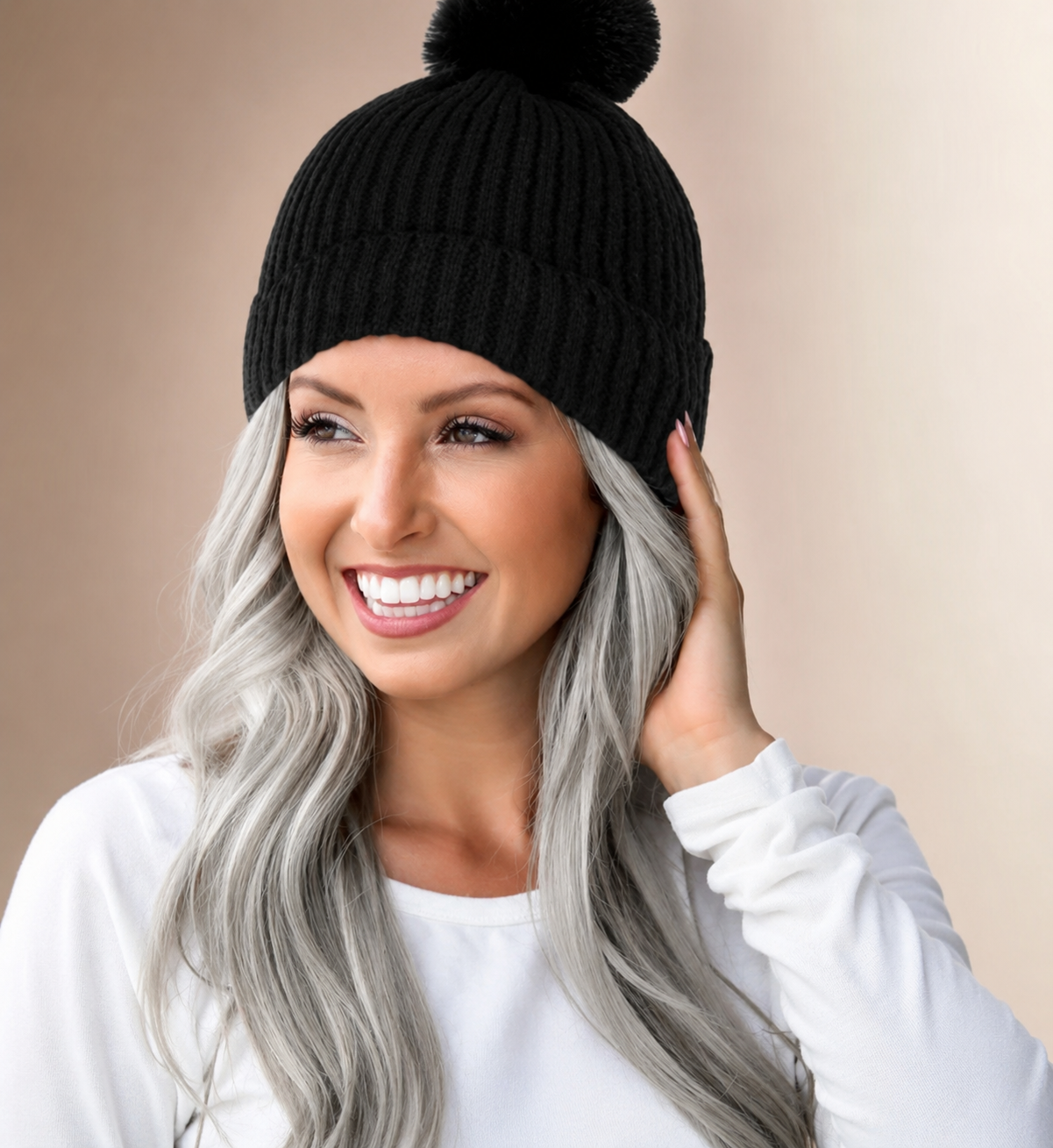 Fashion Hat Wig Brimless Cap With Long Curly Wave Hair Extensions Knitted
