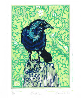 Grackle, 7 color reduction block print, 6” x 4”.

By Laurie Brooks, Toad in the Hole Studio