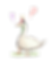 Goose wearing a party hat, with question mark balloons, standing on grass.