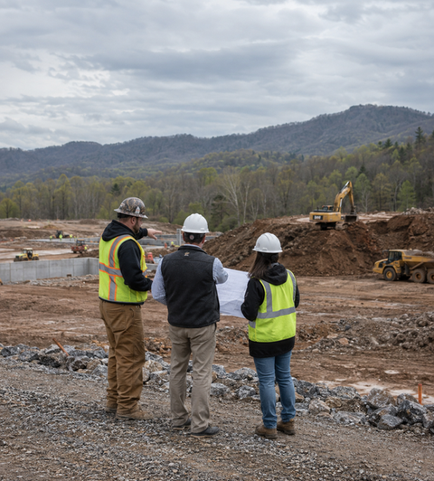 Contractor, property owner, and field lead reviewing an Idaho sitework project