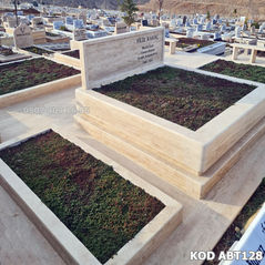 Çift Kişilik Çift Katlı Kuşaklı Traverten Taşlı Blok Kalın Mermer Mezar