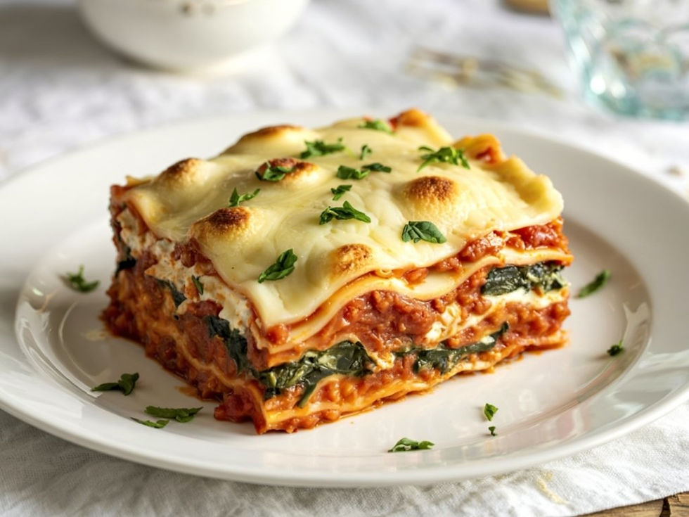 Une belle part de lasagne bolognaise dans une assiette.
