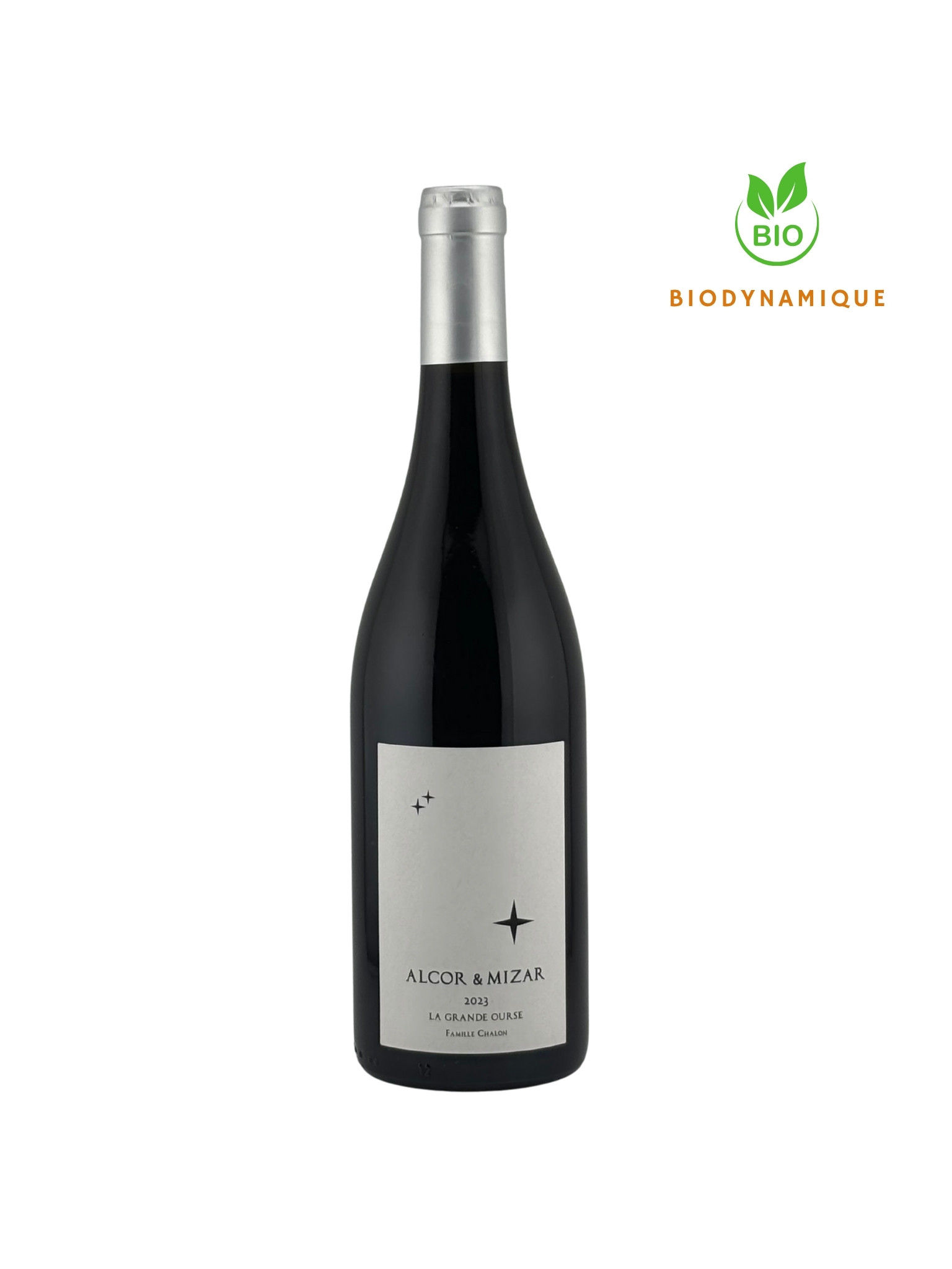 Bouteille de Alcor et Mizar rouge de Pascal Chalon. Sigles bio et biodynamique présents.