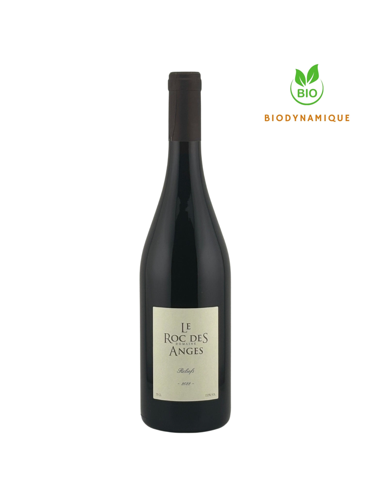 Bouteille de vin rouge Relief 2023 du Domaine Roc des Anges vue de face. Sigles vin bio et vin biodynamique présents.