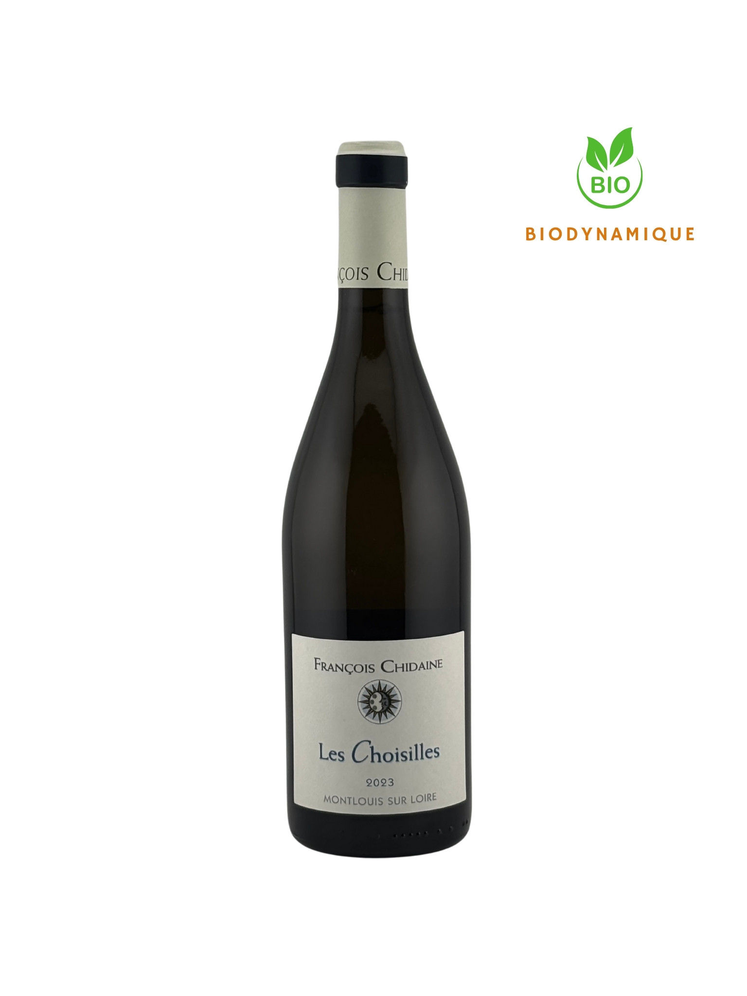 Bouteille de Montlouis-sur-Loire Les Choisilles 2023 de François Chidaine. Sigles Bio et Biodynamique présents.