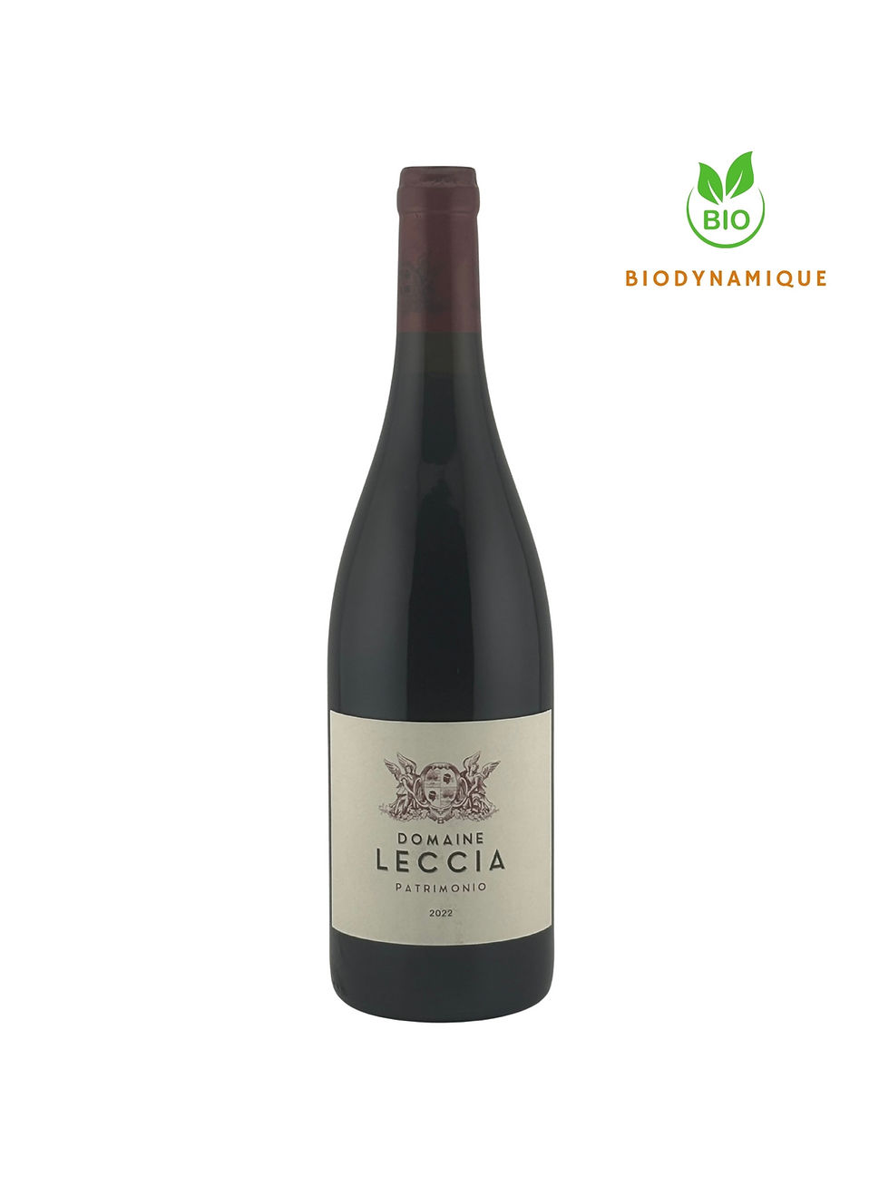 Bouteille de Patrimonio rouge 2022 du domaine Leccia vue de face. Sigle bio et biodynamique présents.