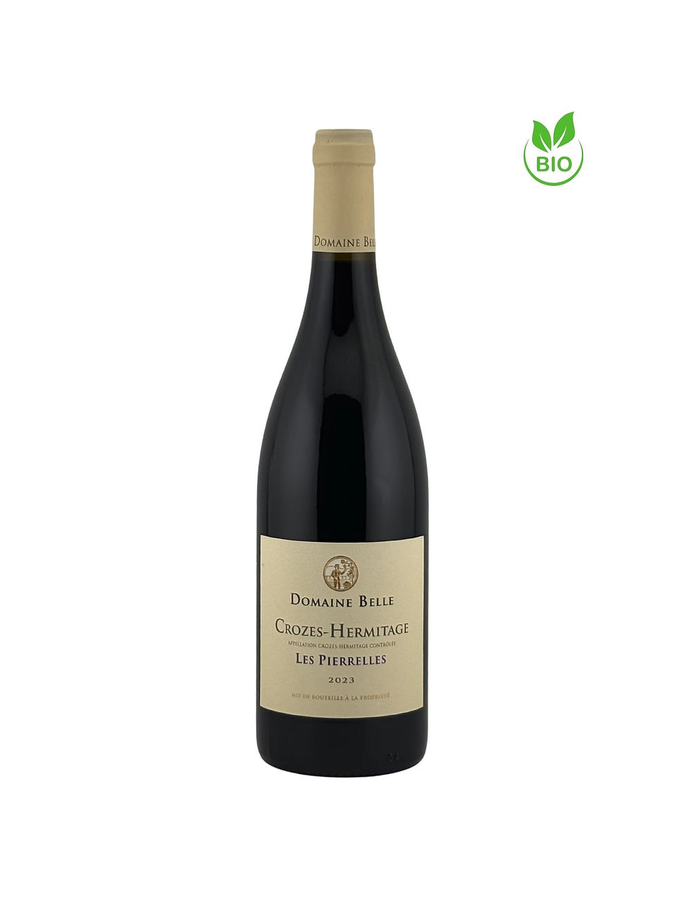 Bouteille de Crozes-Hermitage rouge Les Pierrelles 2023 du domaine Belle vue de face. Sigle bio présent.