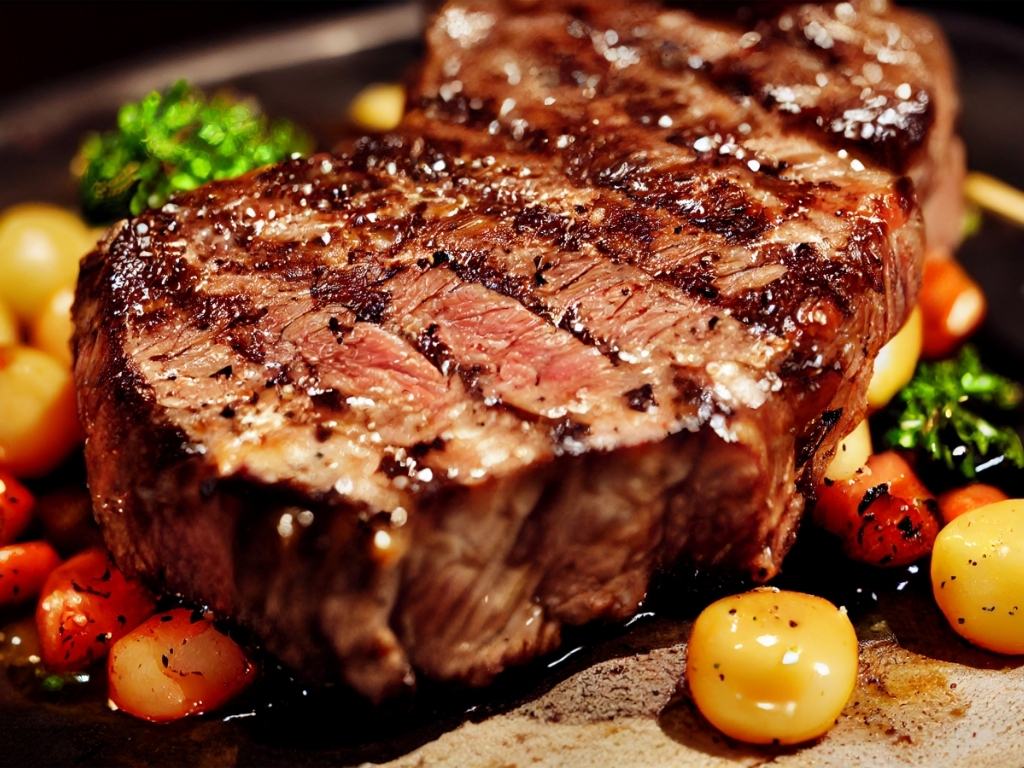 Entrecôte grillée épaisse avec tomates et pommes de terre rôties.