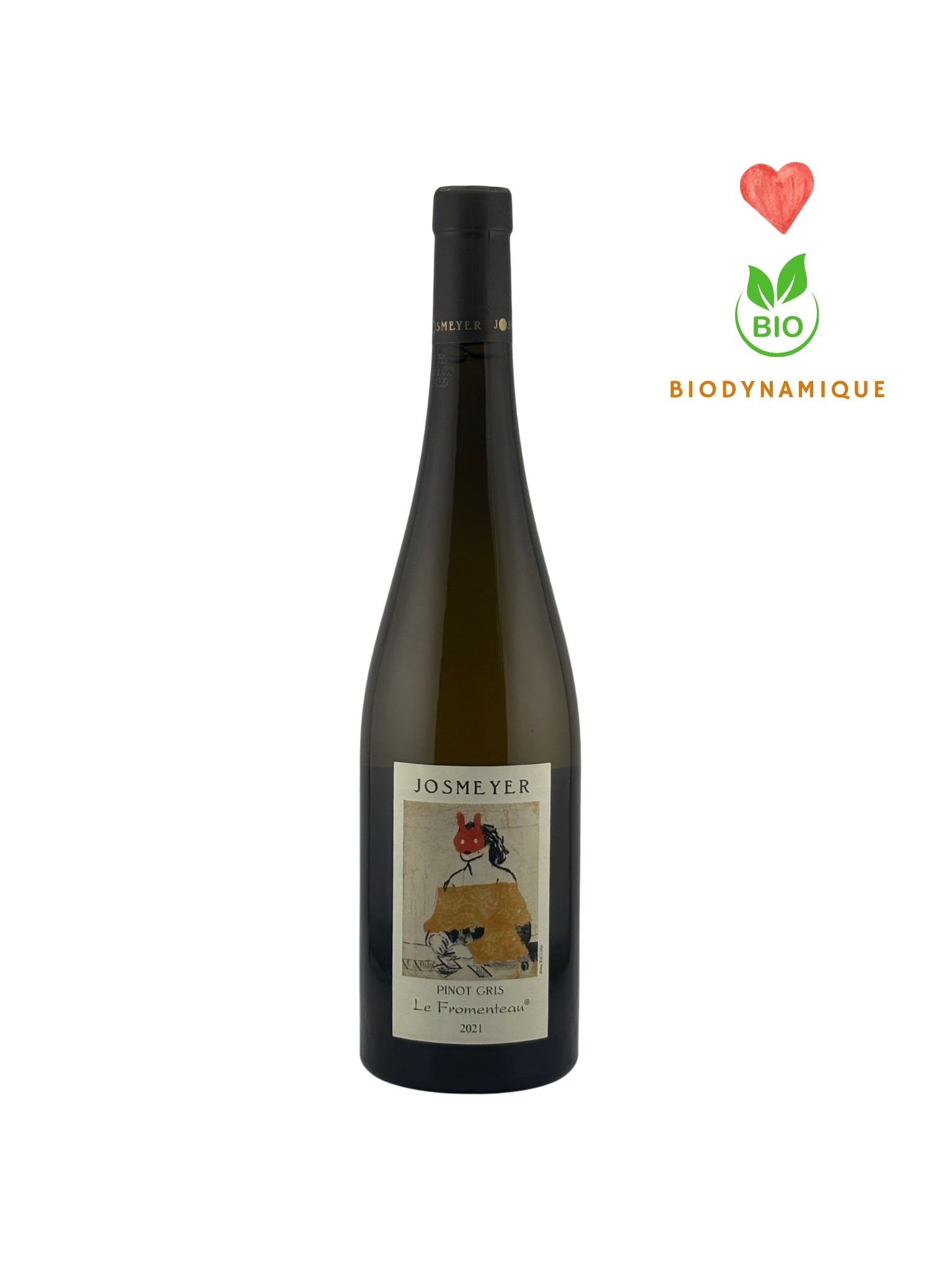 Bouteille de vin blanc Pinot Gris Le Fromenteau 2021 du Domaine Josmeyer. Sigles vin bio, biody et coup de coeur présents.