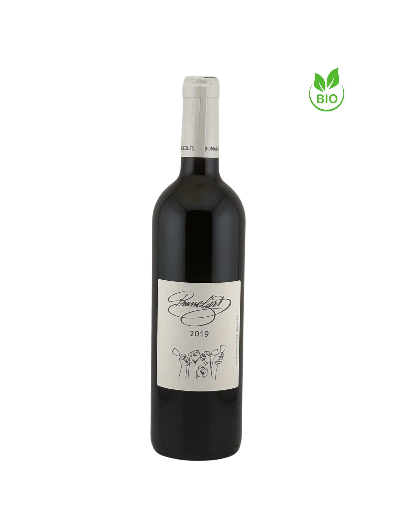 Bouteille de vin rouge Prunelart 2019 du Domaine Plageoles vue de face. Le sigle vin bio est présent.